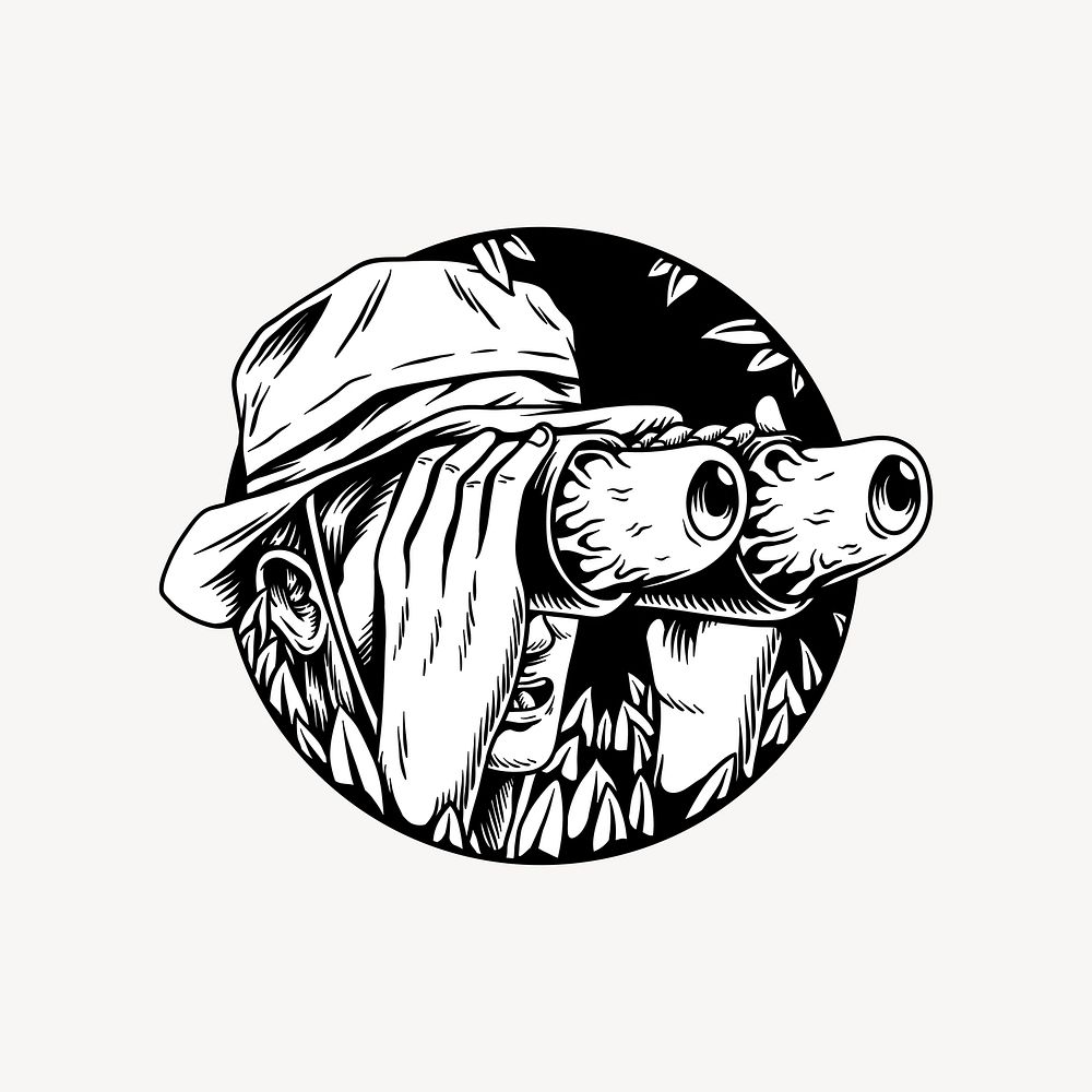 Man using binoculars element, black & white design vector