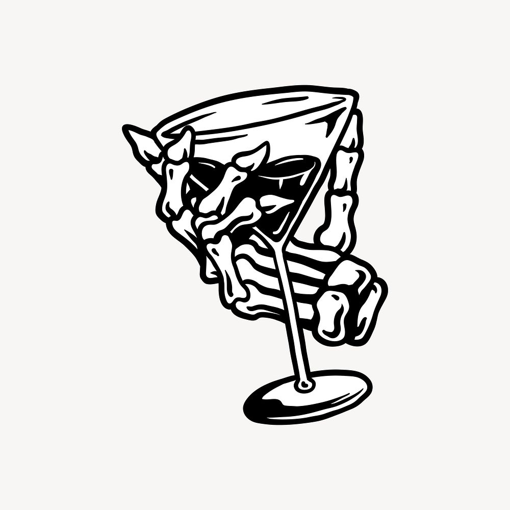 Skeleton hand holding cocktail glass element, black & white design vector