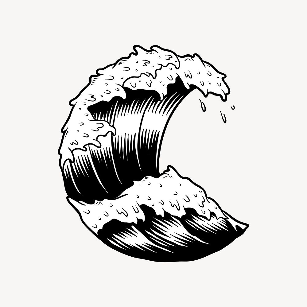 Retro beach wave element, black & white design vector