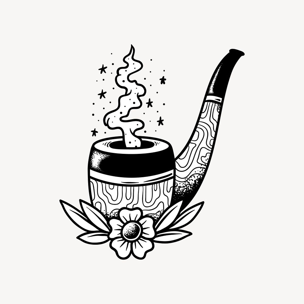 Floral smoking pipe element, black & white design vector