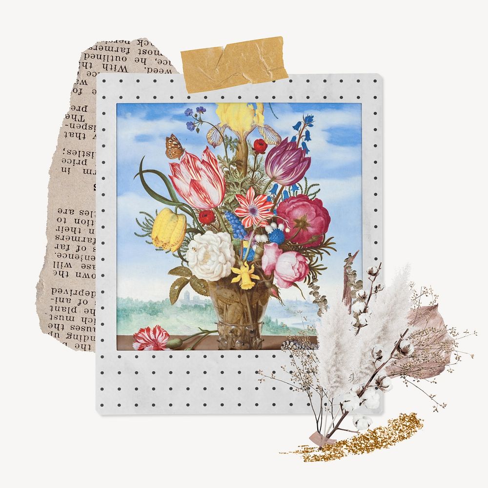 Bosschaert's Bouquet of Flowers on a Ledge, instant film design. Remixed by rawpixel.