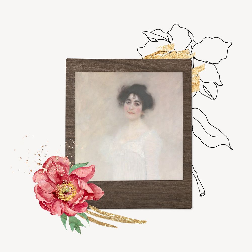 Klimt's Serena Pulitzer Lederer, floral instant film frame. Remixed by rawpixel.