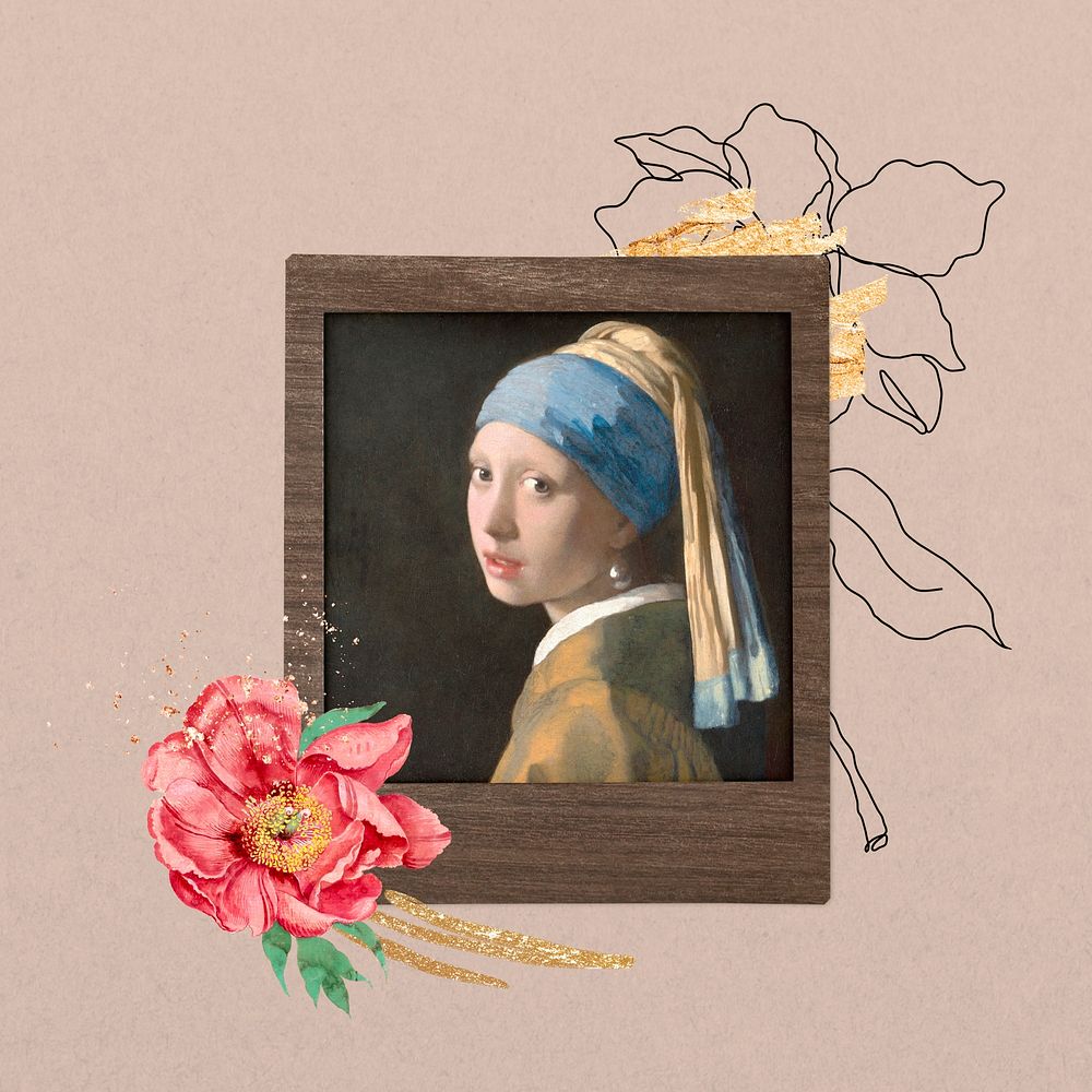 Instant film mockup psd, Girl with a Pearl Earring, Johannes Vermeer's artwork. Remixed by rawpixel.