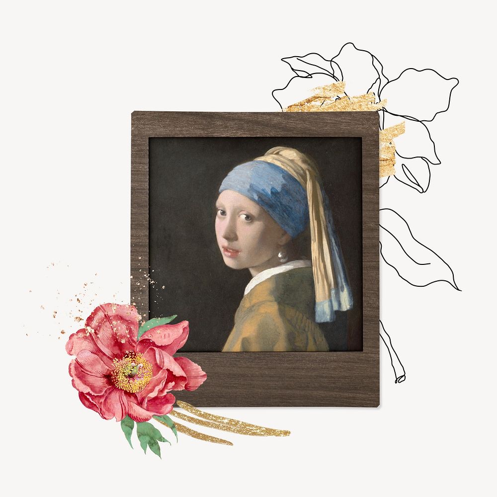 Girl with a Pearl Earring by Johannes Vermeer, instant film frame. Remixed by rawpixel.