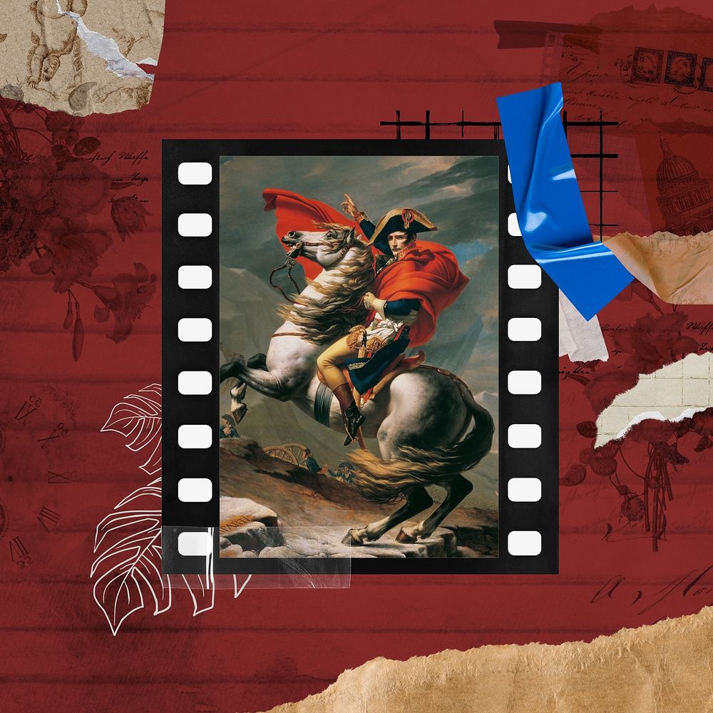 Napoleon Crossing the Alps by Jacques-Louis David in film frame. Remixed by rawpixel.