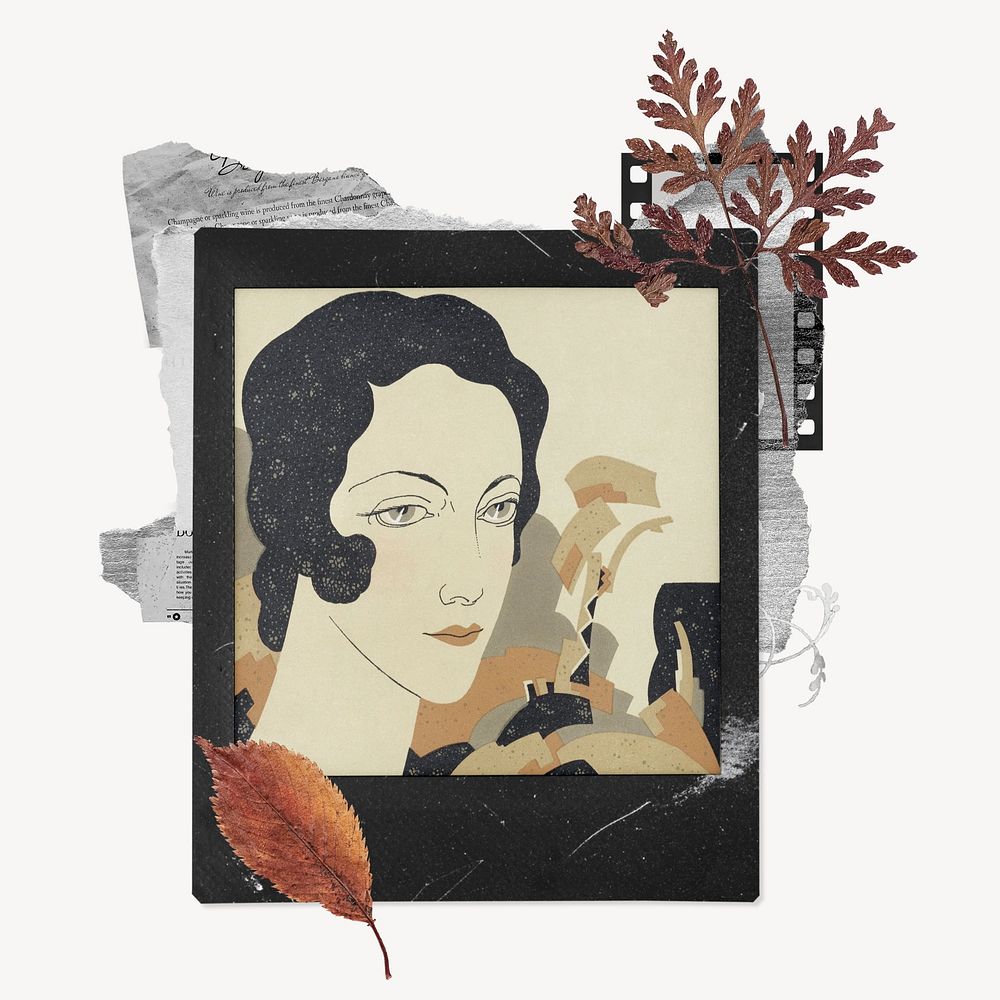 Vintage woman instant film frame, autumn leaf design. Remixed by rawpixel.