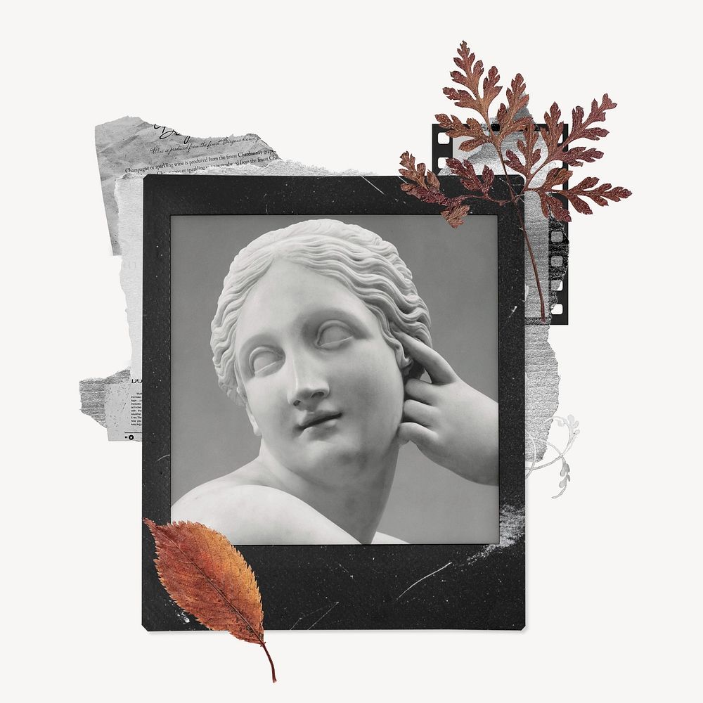 Goddess statue instant film frame, autumn leaf design