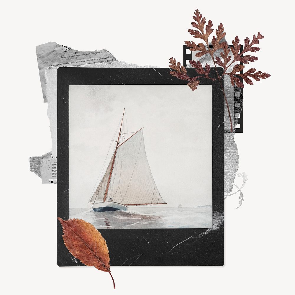 Sailing off Gloucester instant film frame, autumn leaf design. Remixed by rawpixel.