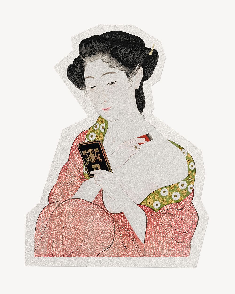 Japanese woman applying powder, paper collage element, remixed by rawpixel.