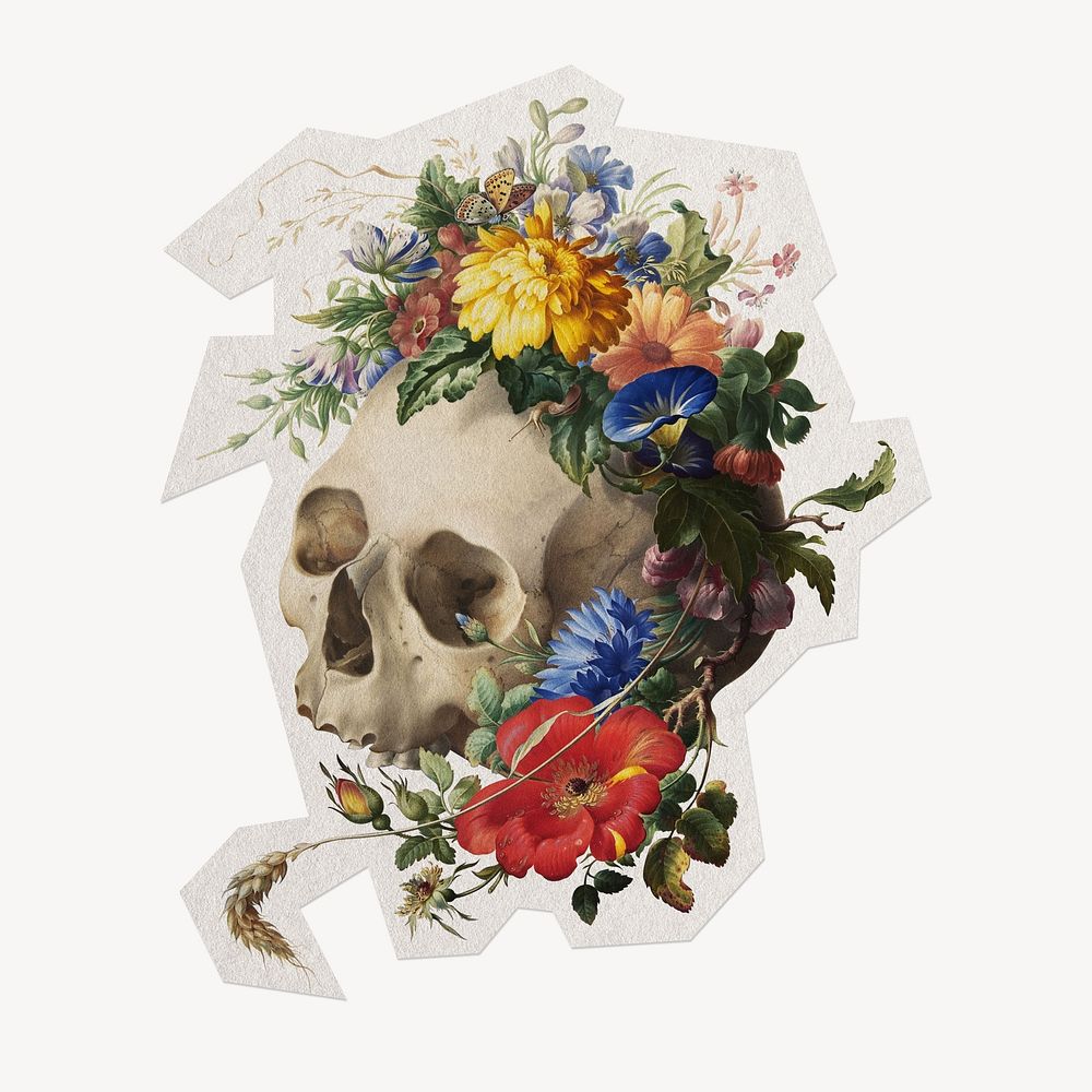 Vanitas floral skull, paper collage element by Herman Henstenburgh, remixed by rawpixel.
