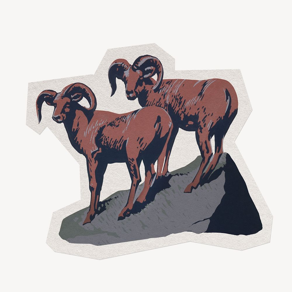 Bighorn sheep, vintage animal paper collage element, remixed by rawpixel.