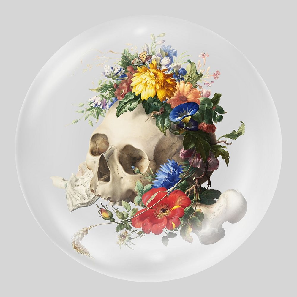 Vanitas floral skull, Jan van Kessel's artwork in bubble. Remixed by rawpixel.