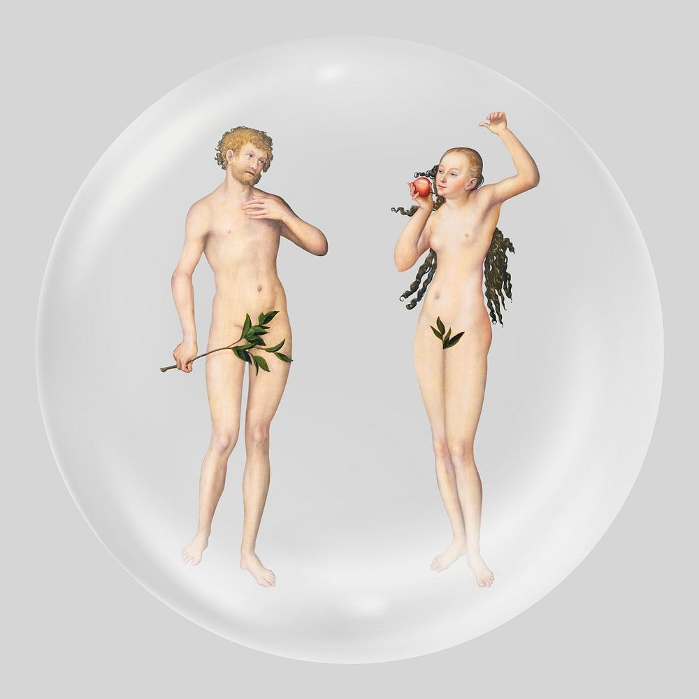 Adam and Eve, Lucas Cranach the Elder's artwork in bubble. Remixed by rawpixel.