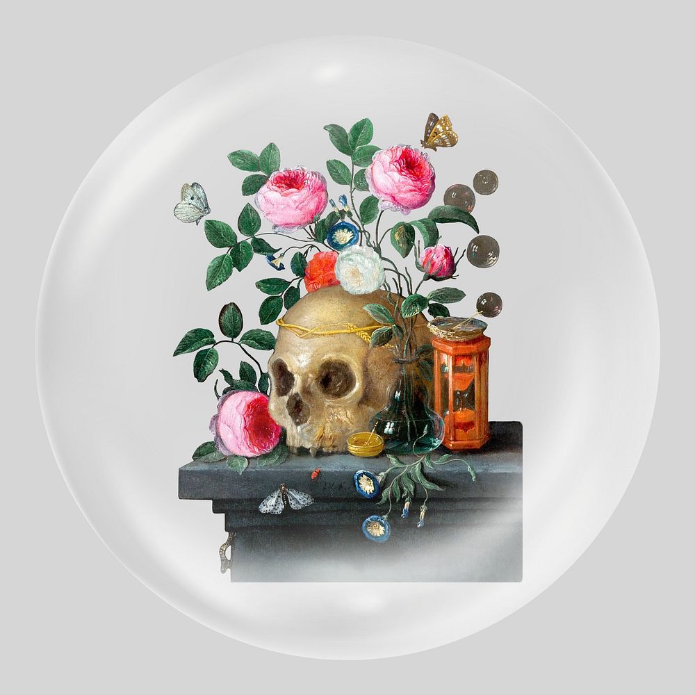 Vanitas skull still life, Jan van Kessel's artwork in bubble. Remixed by rawpixel.