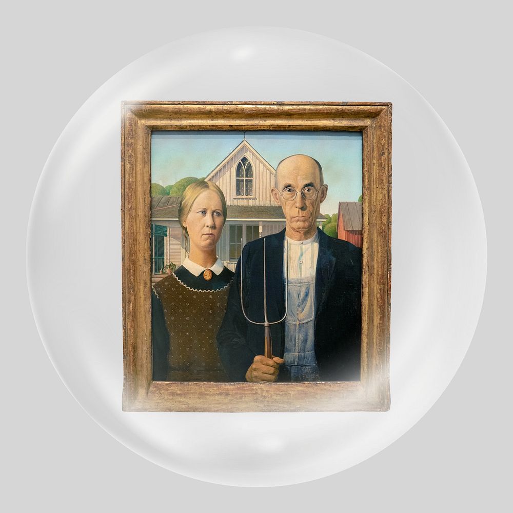 American Gothic, Grant Wood's artwork in bubble. Remixed by rawpixel.