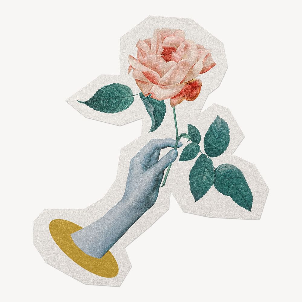 Hand holding rose, paper cut isolated design.