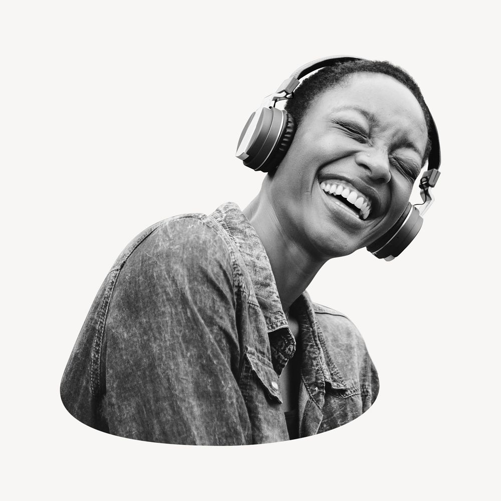 Woman listening to music cut out element psd