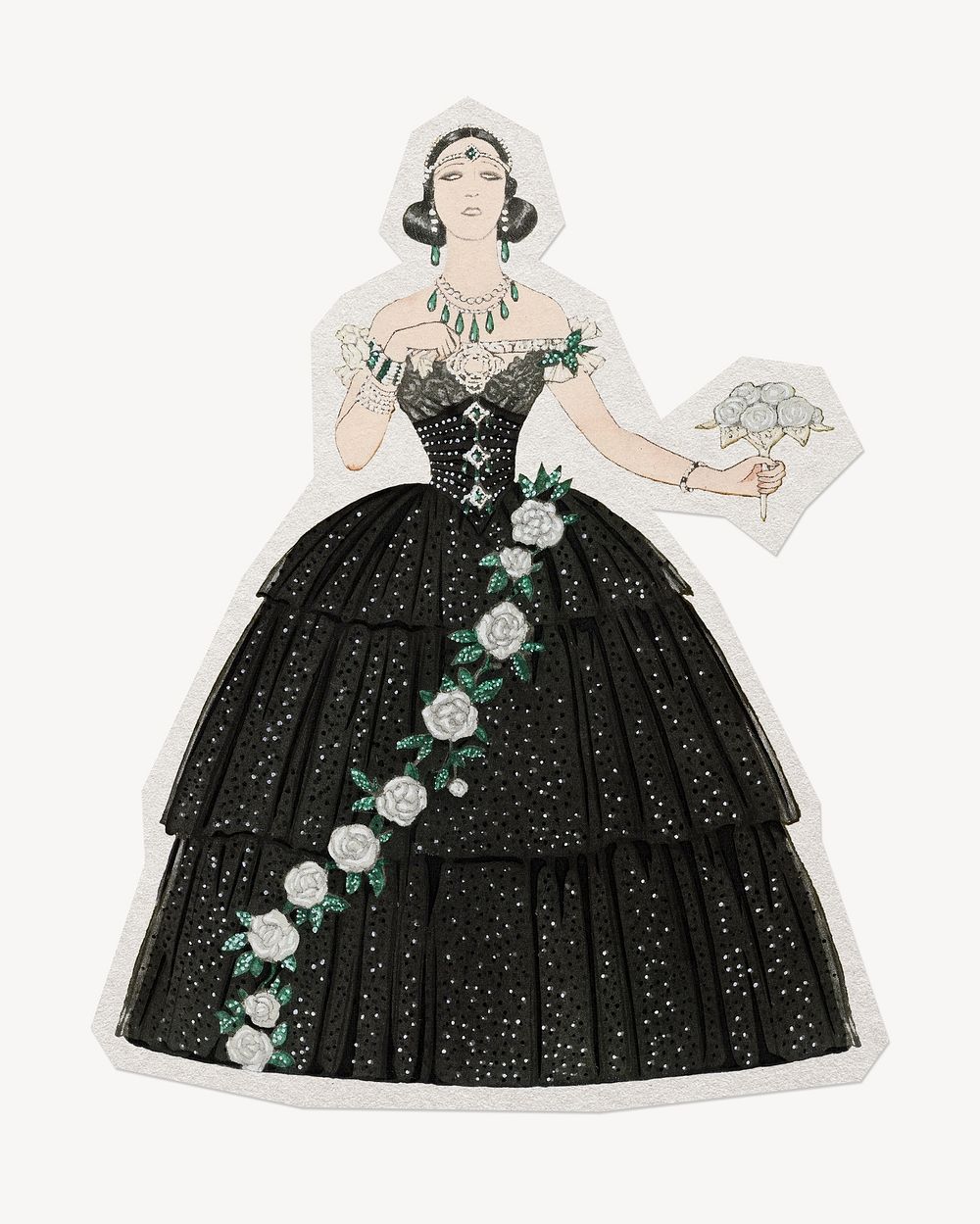 Vintage black dress woman paper element with white border 
