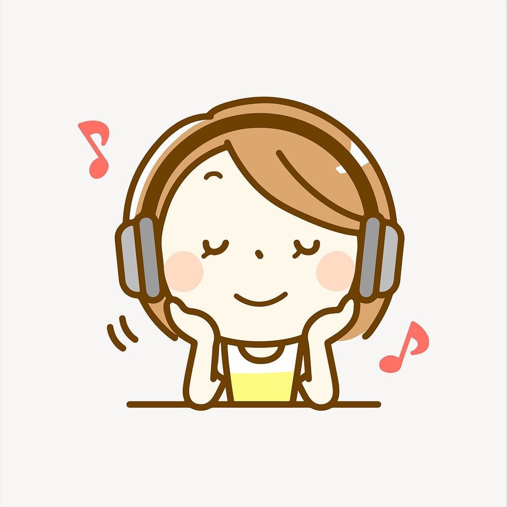 Girl wearing headphones listening to music collage element vector. Free public domain CC0 image.