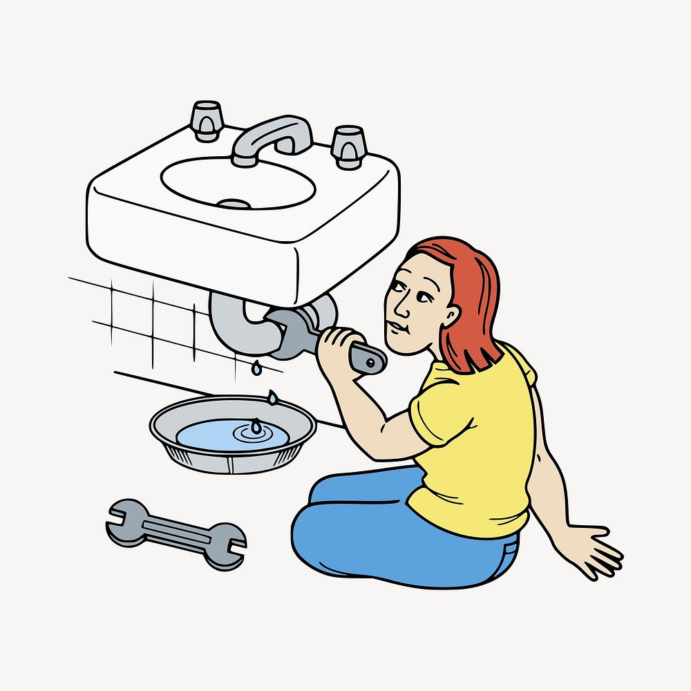 Woman fixing pipe illustration. Free public domain CC0 image.
