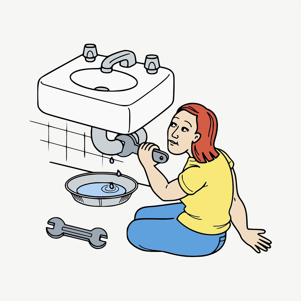 Woman fixing pipe clipart illustration psd. Free public domain CC0 image.