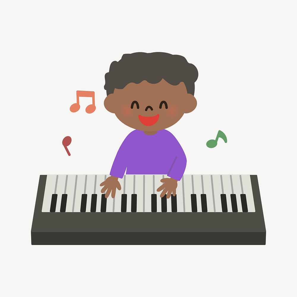 Kid playing piano illustration. Free public domain CC0 image.
