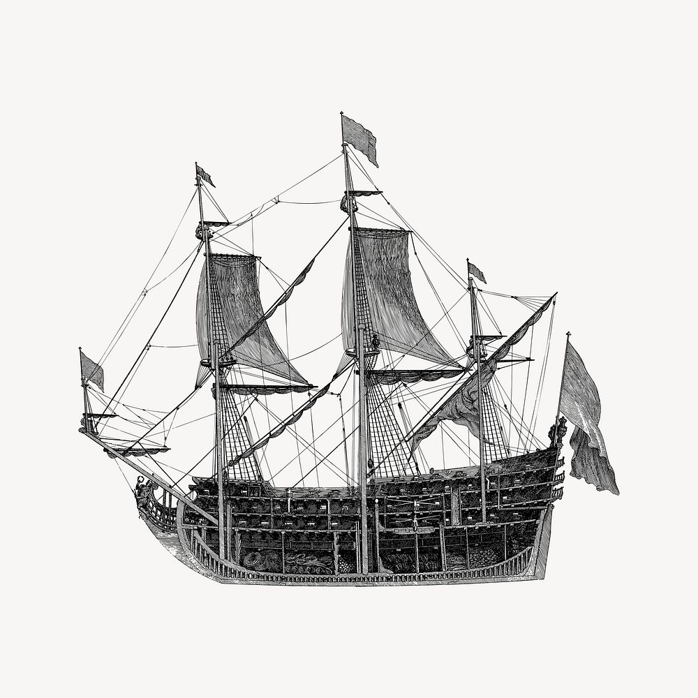 Vintage ship clipart illustration vector. Free public domain CC0 image.