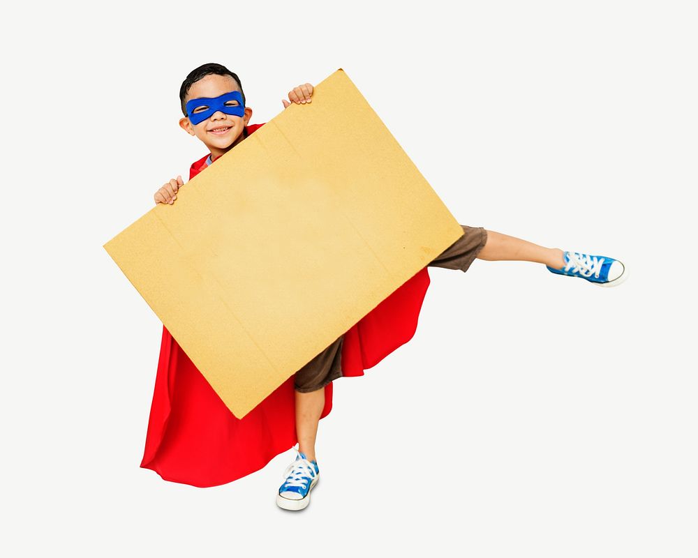Boy holding sign collage element psd