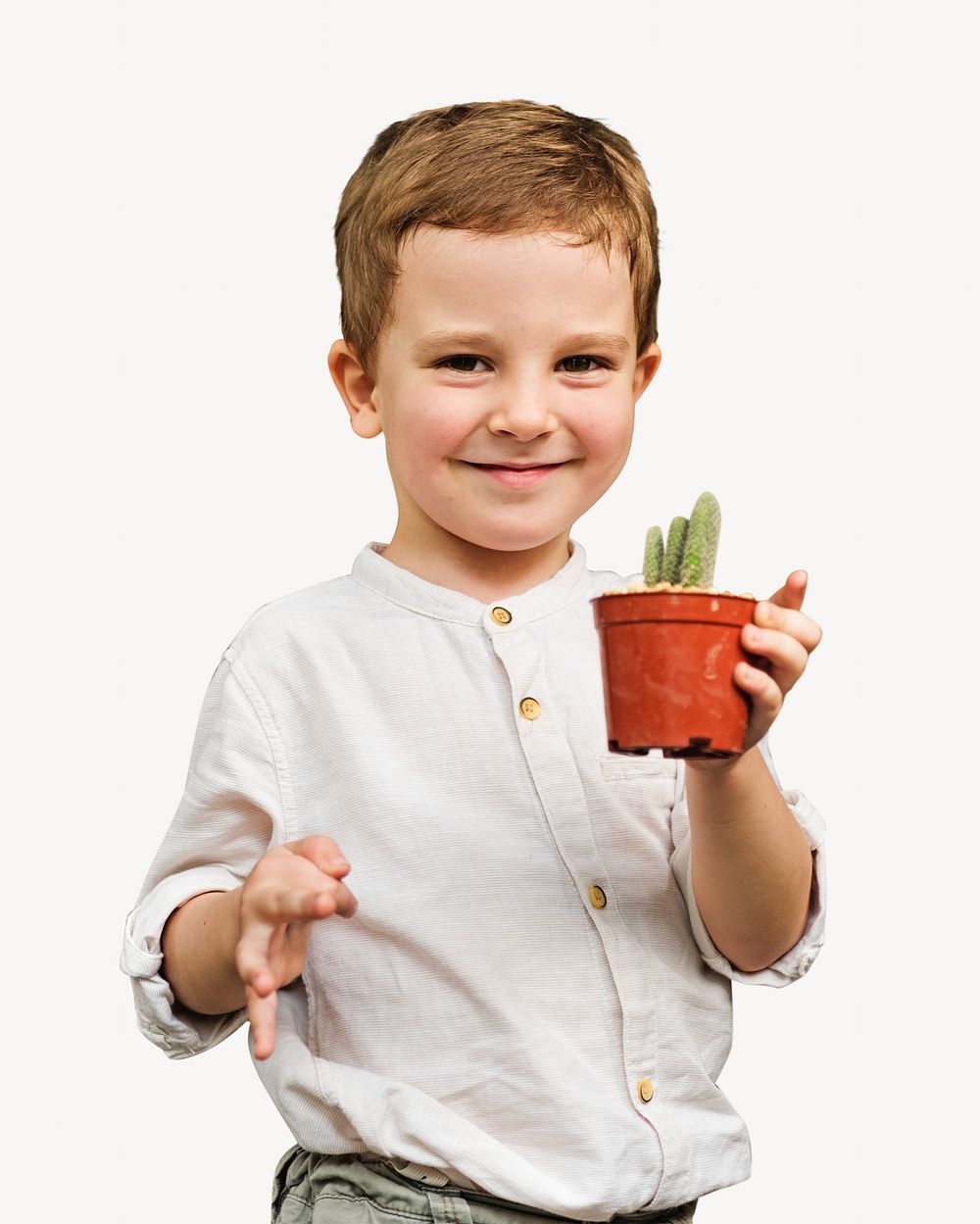 Boy holding plant, isolated image