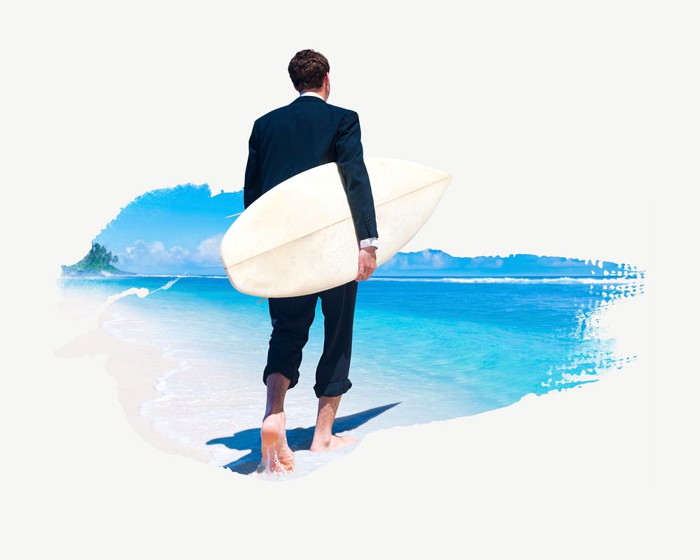 Businessman on vacation at a beach collage element psd