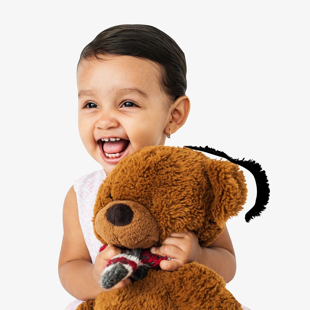 Girl holding teddy, isolated image