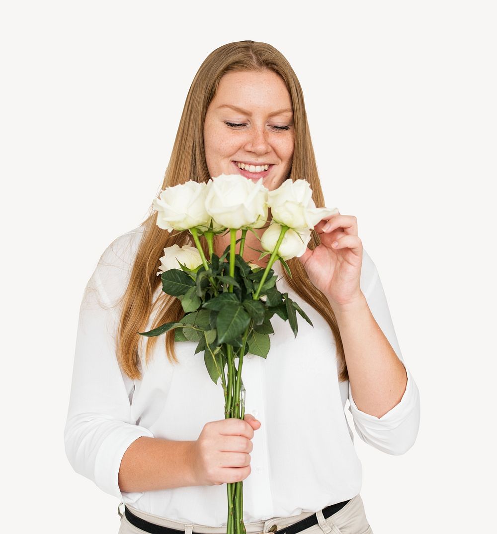 Woman holding rose bouquet, isolated image