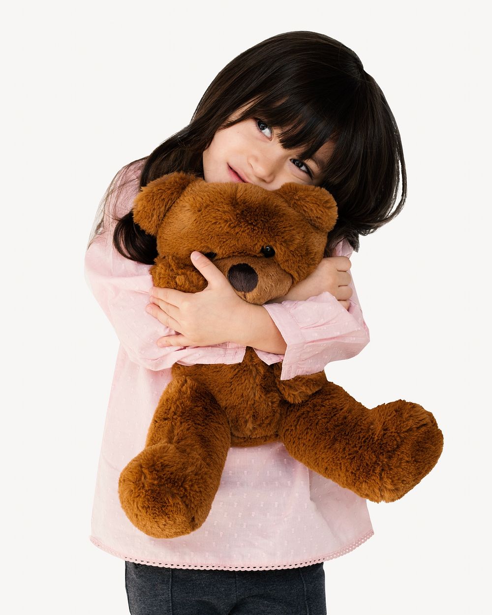 Girl holding teddy bear, isolated image
