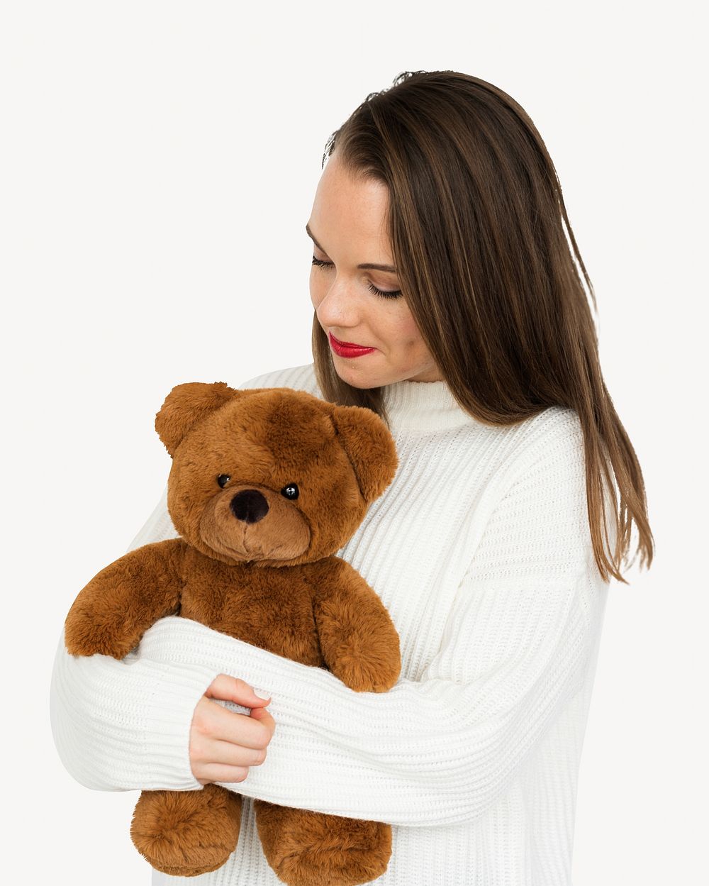 Woman holding teddy, isolated image