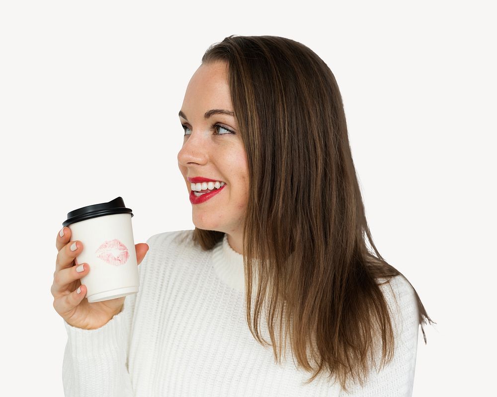 Woman holding coffee cup, isolated image