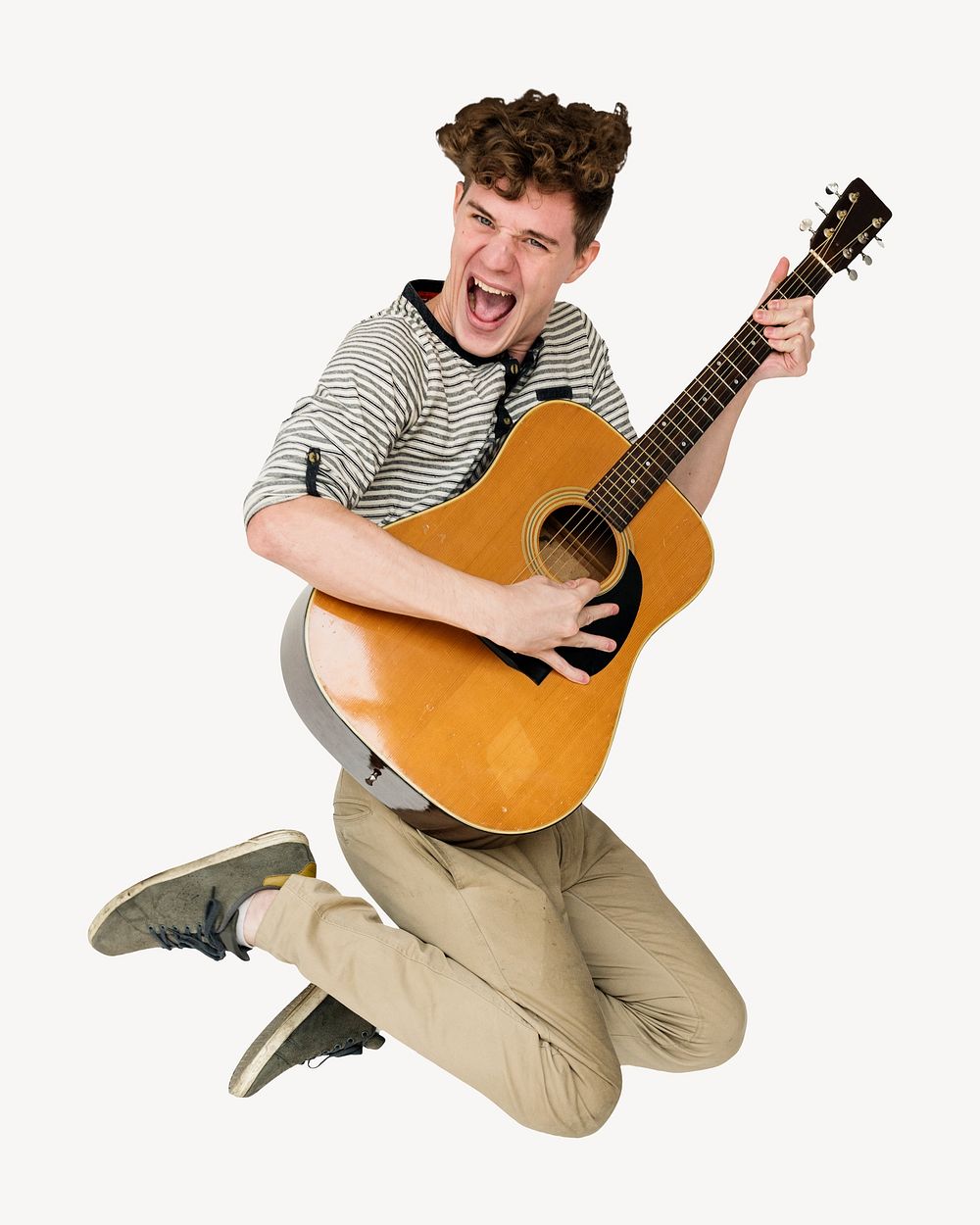 Man with guitar smiling and jumping isolated image