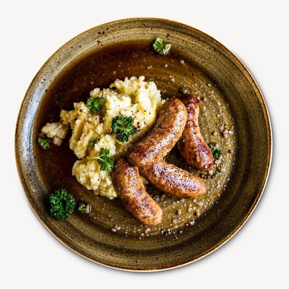 Grilled sausages mash potato isolated image