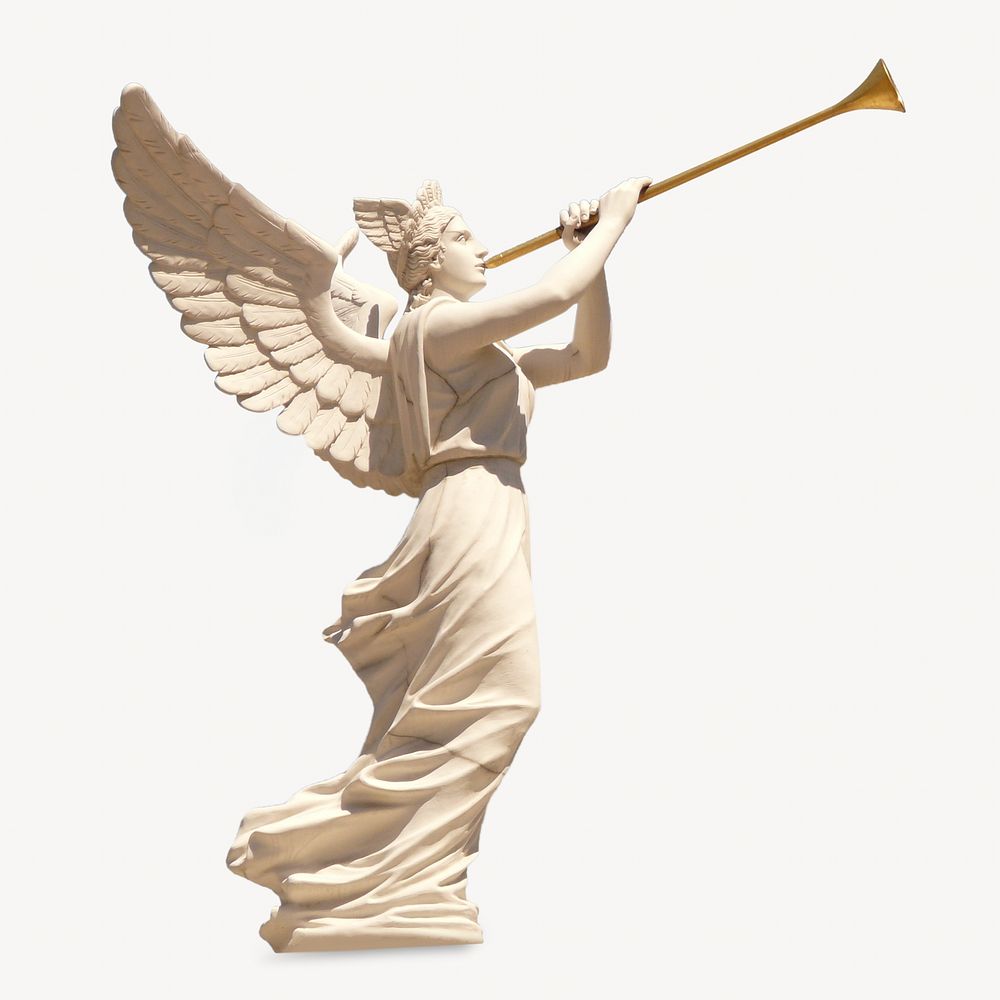 Angel blowing trumpet sculpture, isolated image