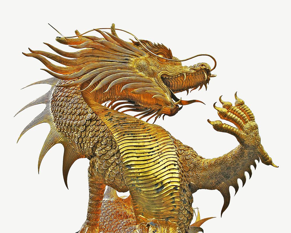 Gold dragon statue collage element psd