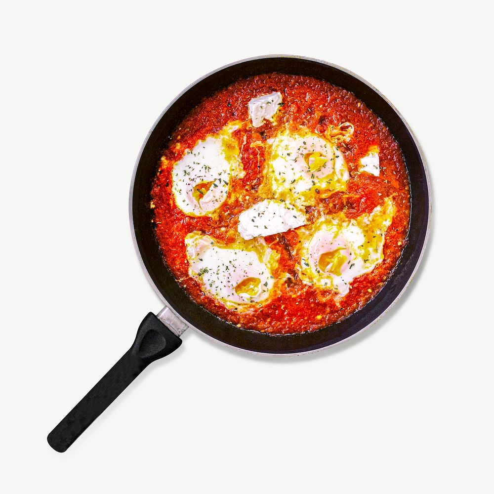 Poached egg in tomato sauce collage element, isolated image psd