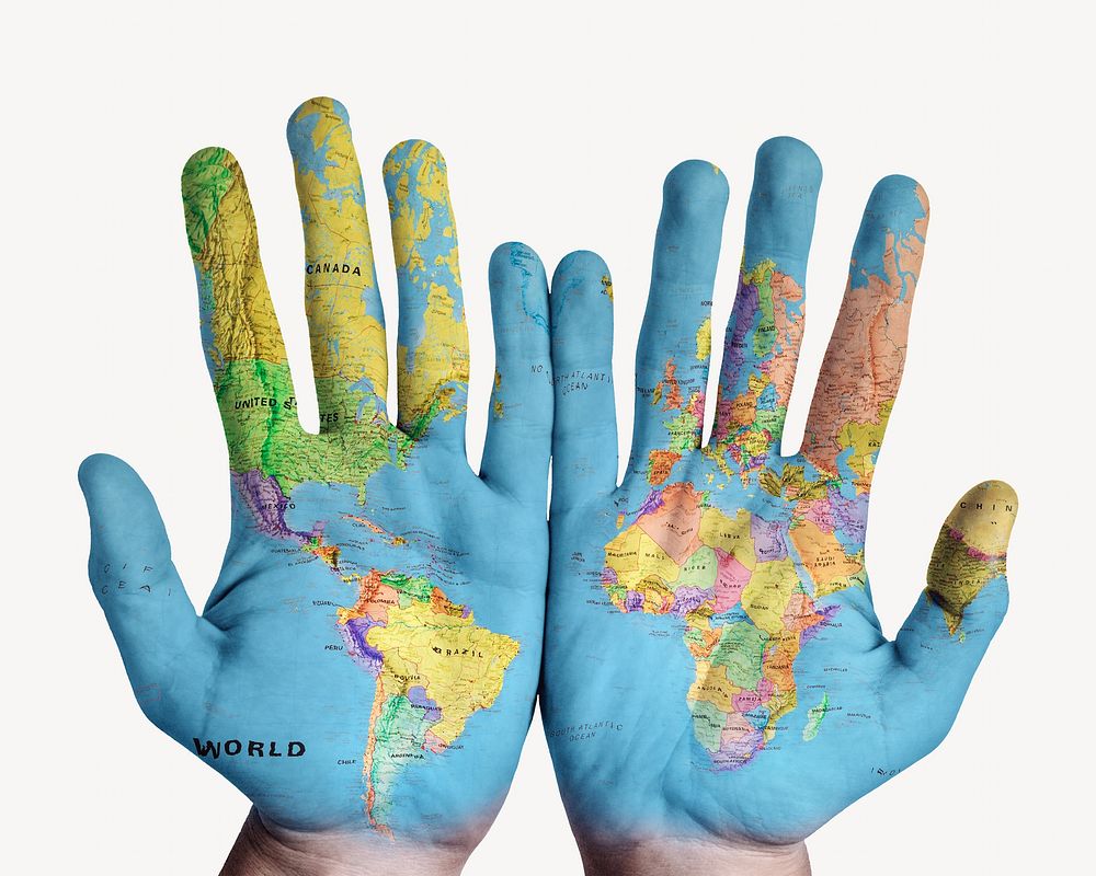 Map painted on hands collage element isolated image