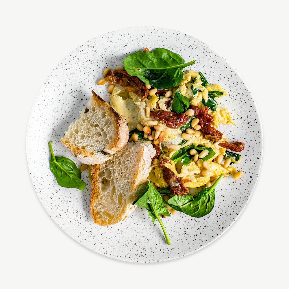 Scrambled eggs with spinach and sun dried tomato collage element psd