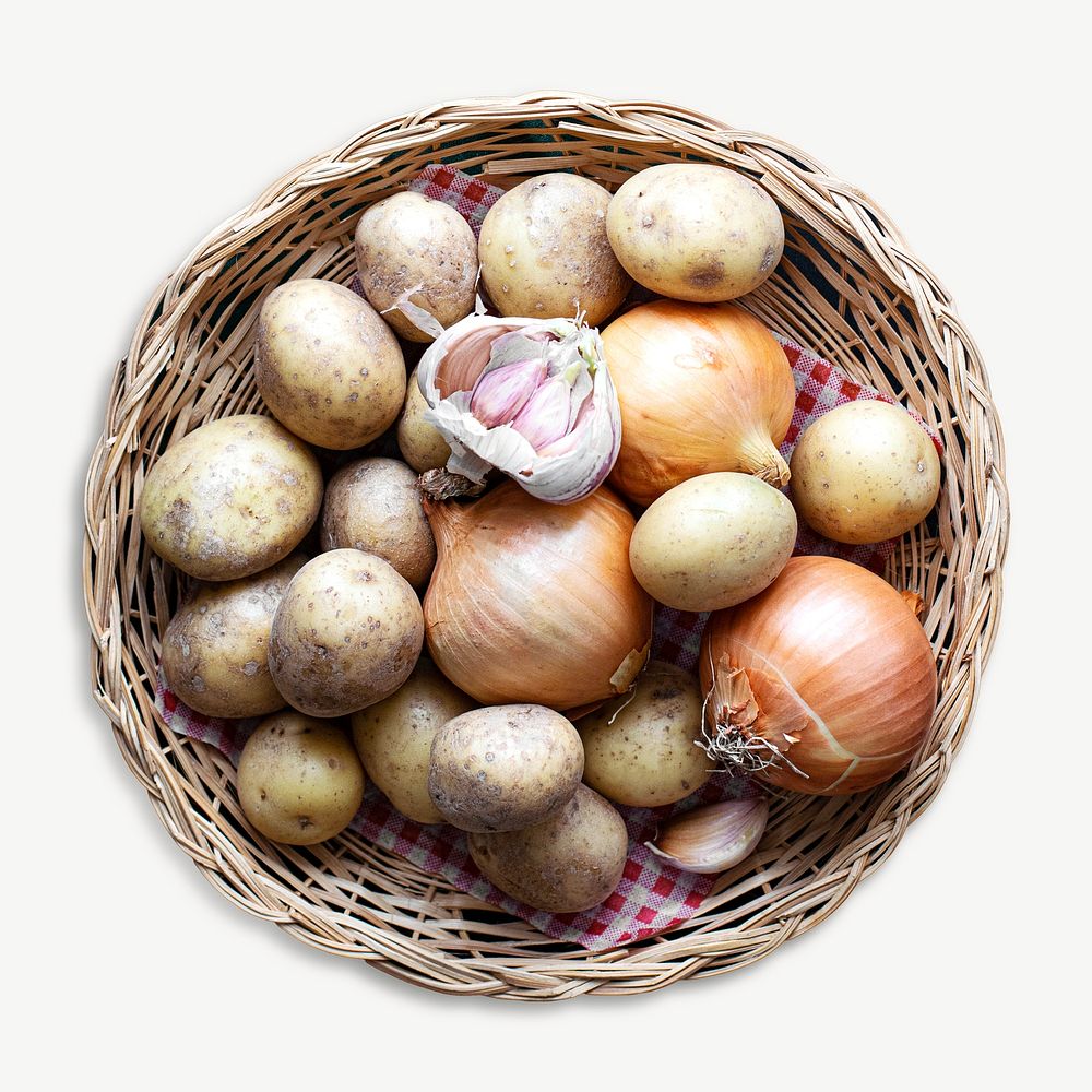 Garlic cloves, potato and onion in basket collage element psd