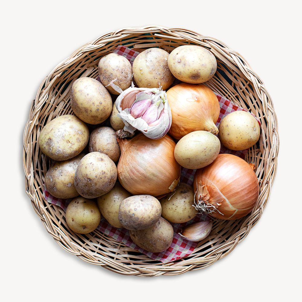 Garlic cloves, potato and onion in basket isolated design