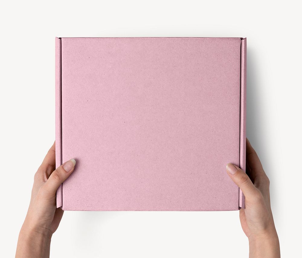 Pink mailing box, product packaging flat lay design