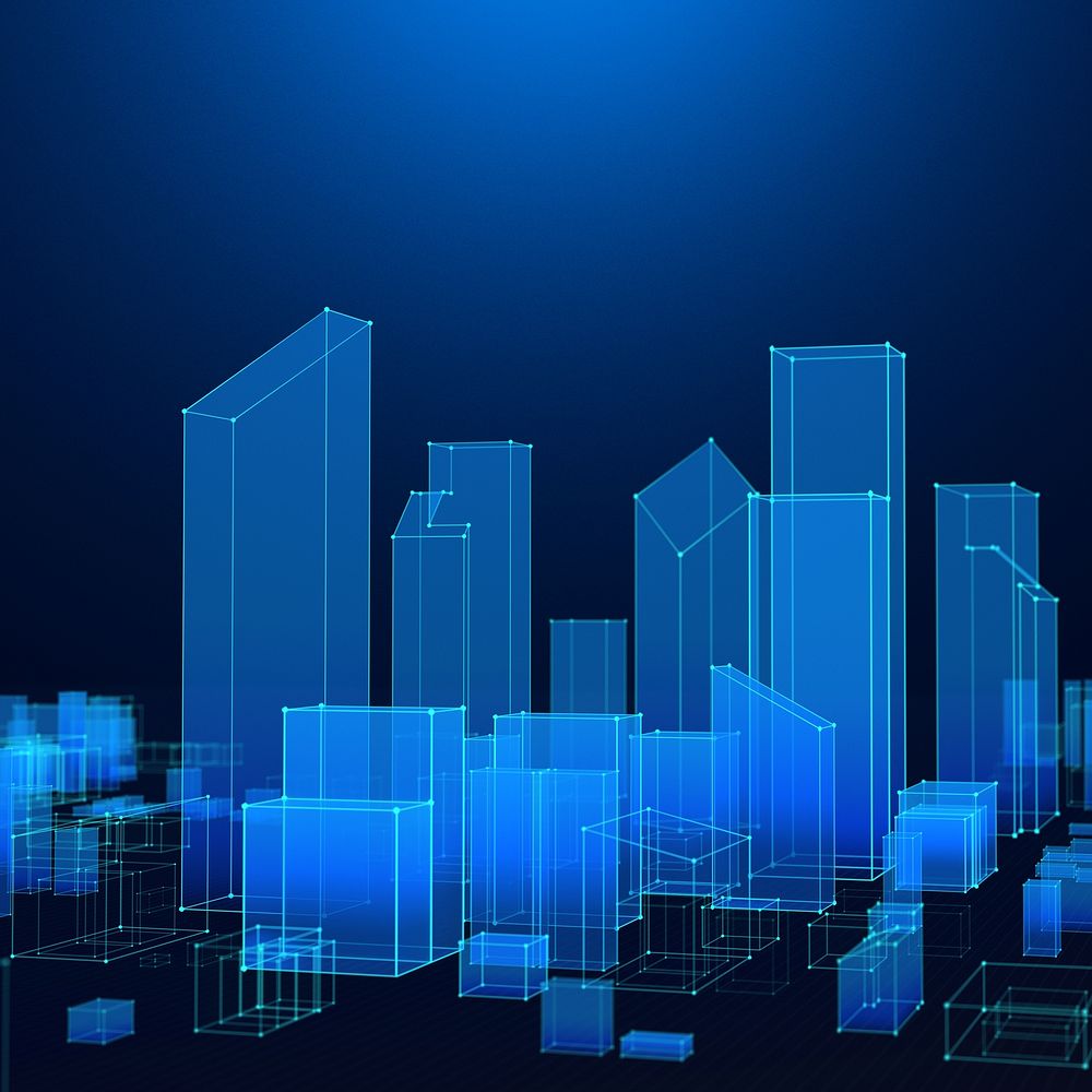 Blue smart city background, wireframe building digital remix
