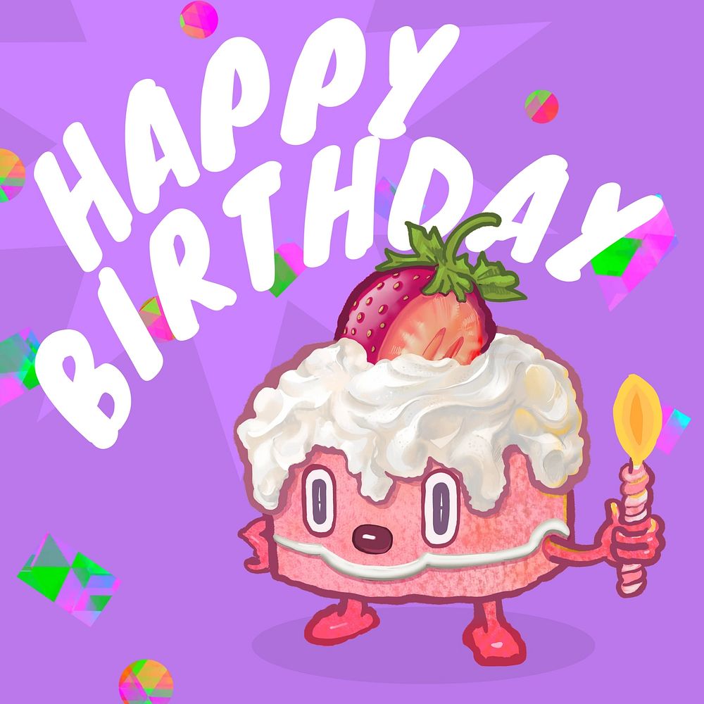 Happy birthday greeting, cute cake cartoon illustration, food illustration
