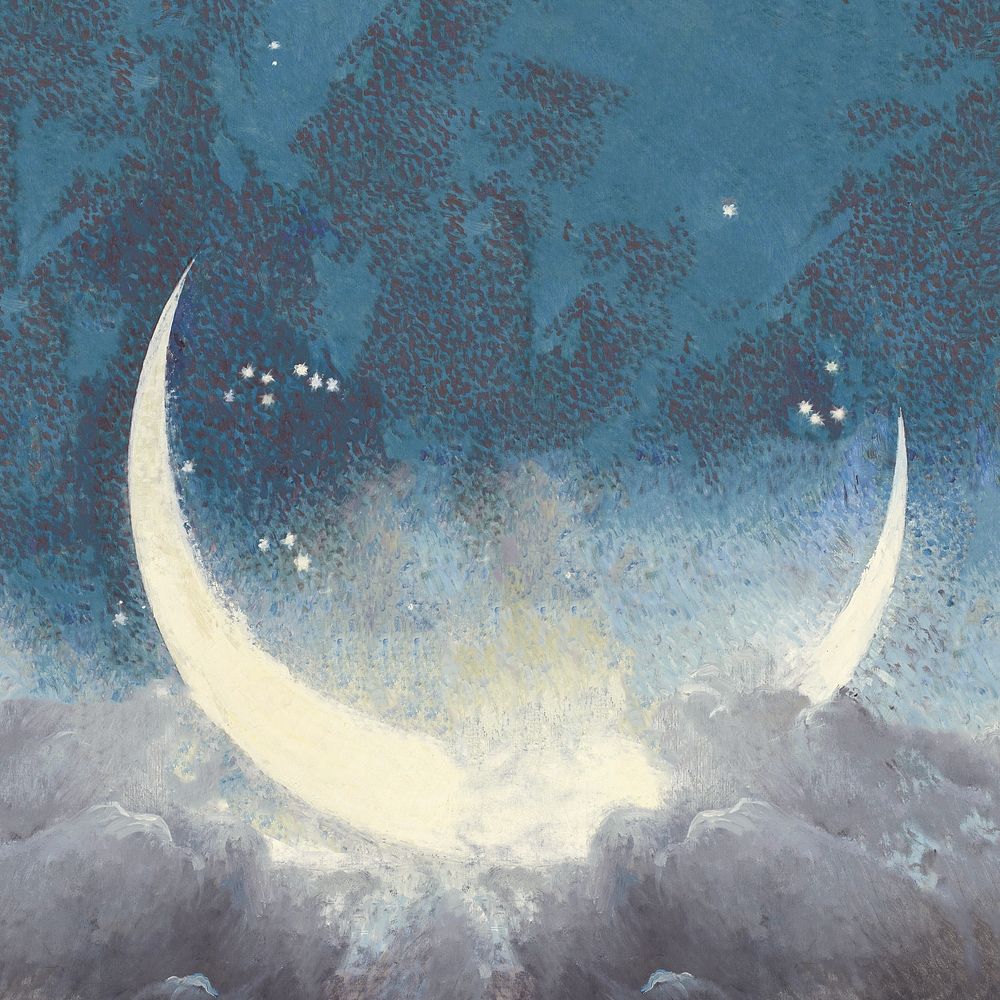 Crescent moon. Edwin Blashfield's Spring Scattering Stars artwork, remixed by rawpixel