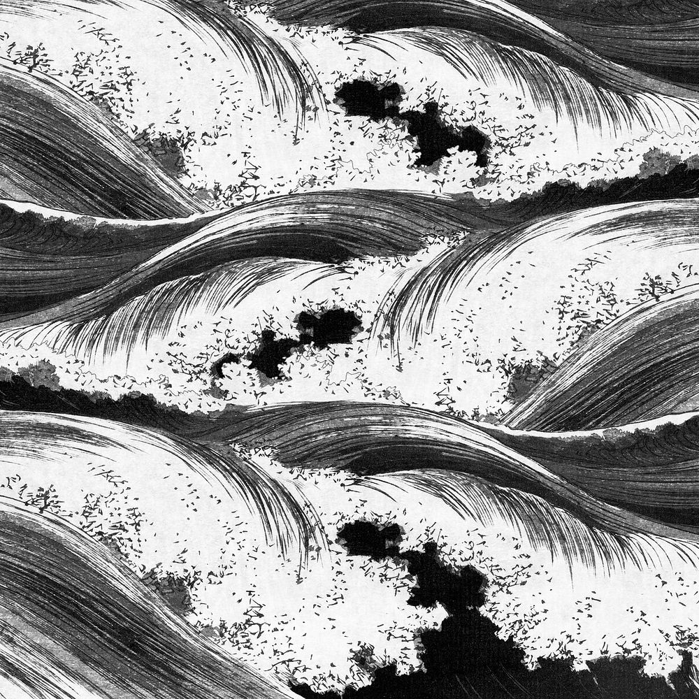 Black and white ocean waves, Uehara Konen's pattern art, remixed by rawpixel
