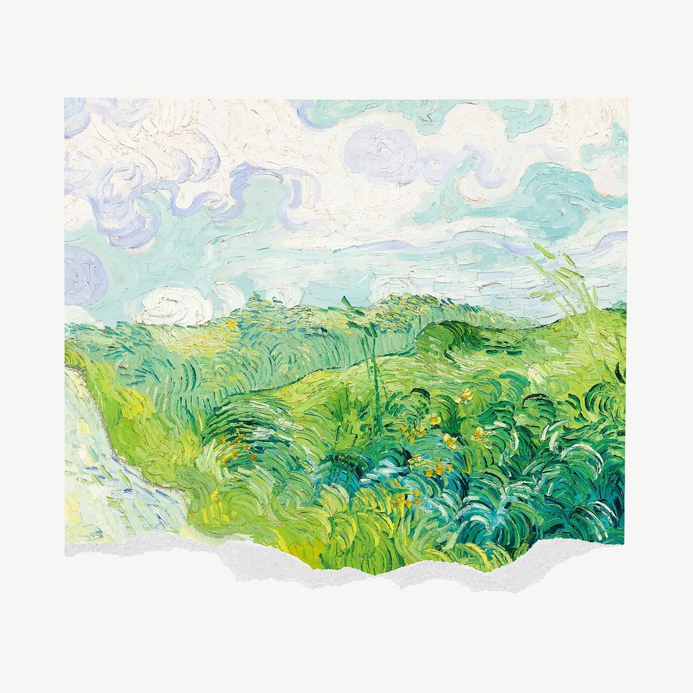 Van Gogh's Green Wheat Fields, famous painting ripped paper psd, remixed by rawpixel